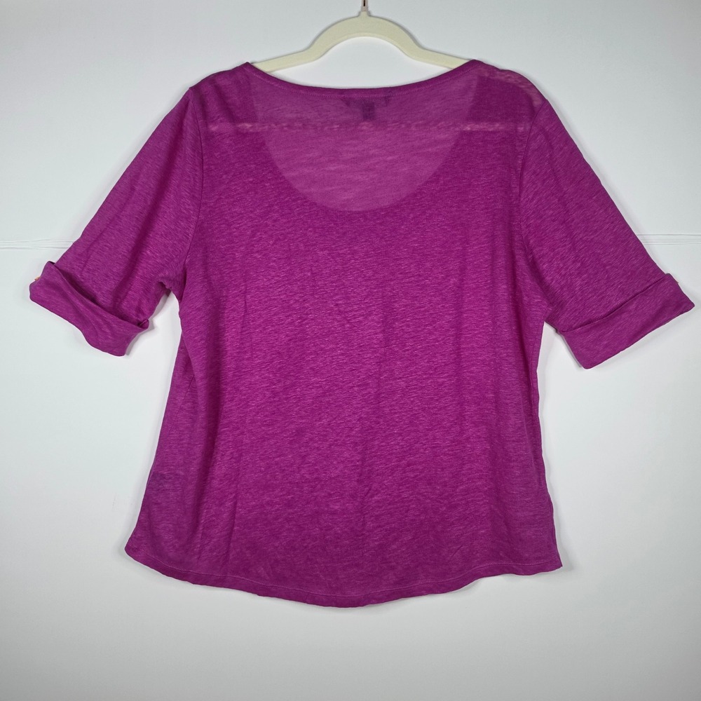 Lauren Ralph Lauren Linen Scoop Neck Top L Magenta Rolled Cuff - Picture 4 of 9